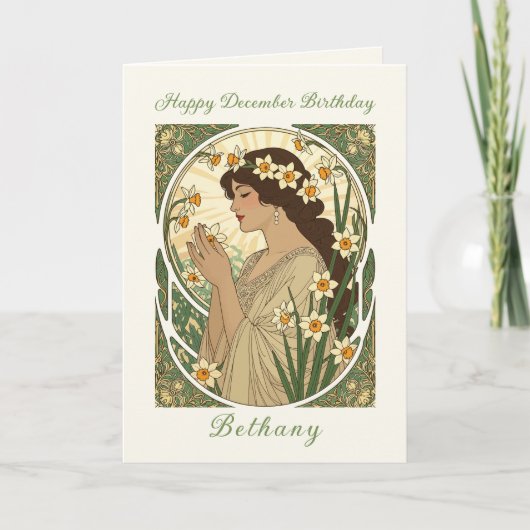 December Birthday Narcissus Art Nouveau Design Kaart (Voorkant)