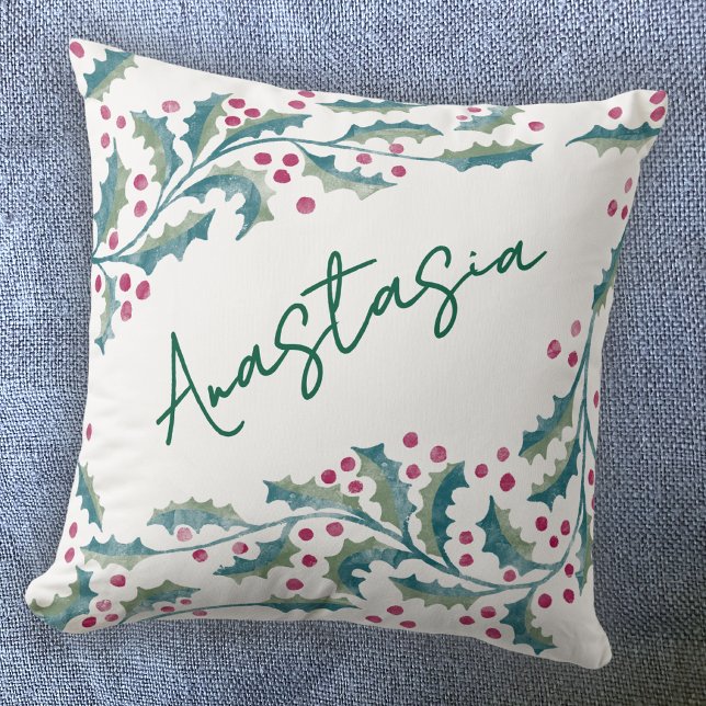 December Geboorte Maand Hulst Persoonlijk Kussen (December birthday personalized custom name birth month flower holly throw pillow)