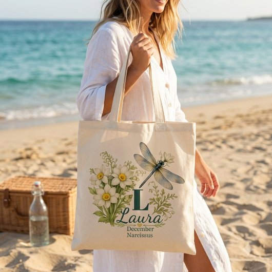 December Geboortebloem Narcissus & Libel Tote Bag