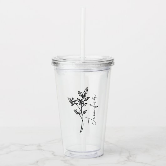 December Geboortemaand Bloem Holly Script Naam Acryl Drinkbeker (Voorkant)