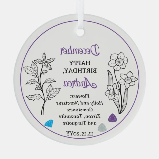 December Holly en Narcissus Verjaardag Keepsake Glas Ornament (Achterkant)