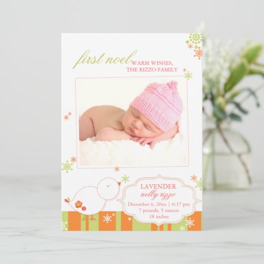 December - nieuwe baby-meisje Foto geboorteaankond Feestdagenkaart (Staand voorkant)