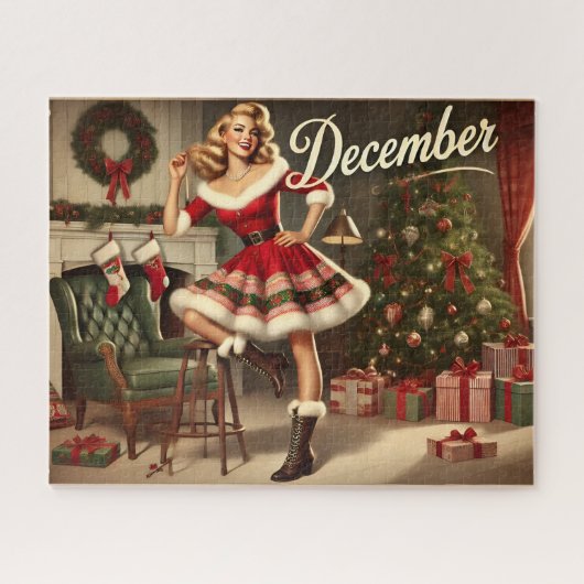 December Retro Christmas Blonde Pin-Up Girl Jigsaw Legpuzzel (Horizontaal)