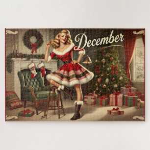 December Retro Kerst Blondine Pin-Up Meisje Puzzel