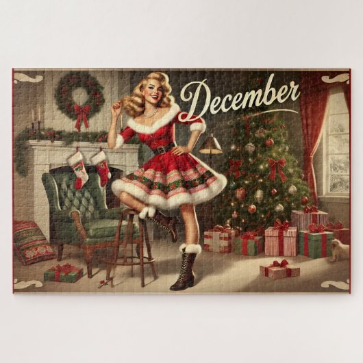 December Retro Kerst Blondine Pin-Up Meisje Puzzel (Horizontaal)