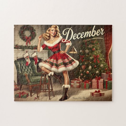December Retro Kerstmis Blondine Pin-Up Meisje Legpuzzel (Horizontaal)