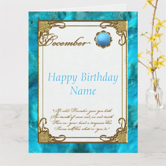 December Turquoise Birthstone 8.5x11 Verjaardag Kaart (Gele Bloem)