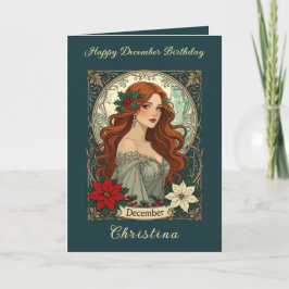 December Verjaardag Hulstbessen En Poinsettia Kaart