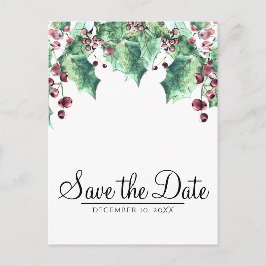 December Winter Wedding Holly Berry Bewaar de datu Aankondigingskaart (Voorkant)