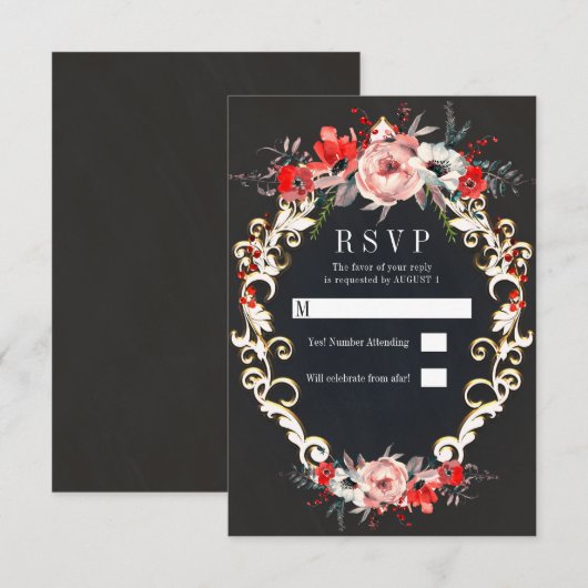 December Winter Wedding Holly Berry Floral RSVP Kaart (Voorkant / Achterkant)