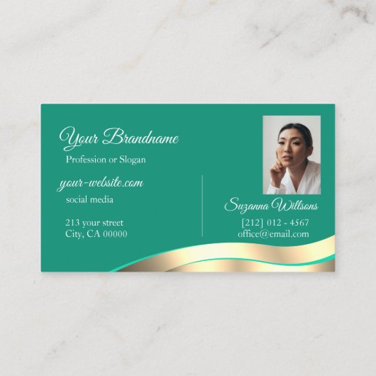 Decent Dark Blauwgroen Wavy Gold Decor Initialen F Visitekaartje (Achterkant)