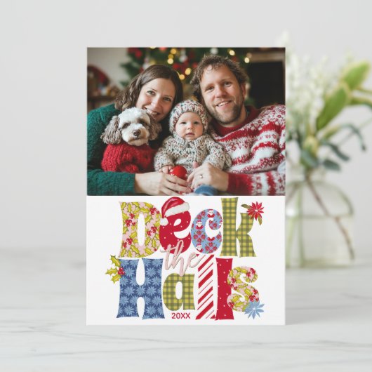 Deck de Hallen Patchwork Familiefoto Kerstmis Feestdagenkaart (Staand voorkant)