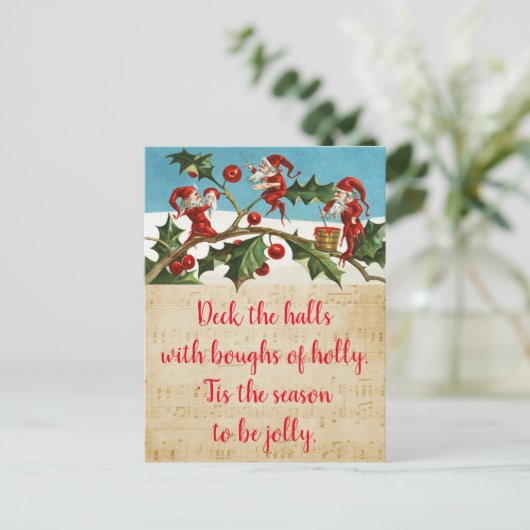 Deck de zalen met takken van hulst feestdagenkaart (Staand voorkant)