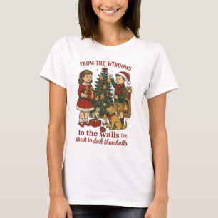 Deck Deze Zalen Grappige Kerst Retro T-shirt