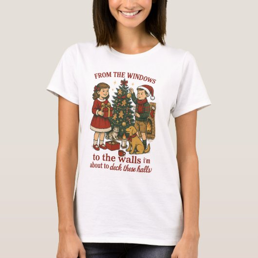 Deck Deze Zalen Grappige Kerst  Retro T-shirt (Voorkant)