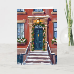 Deck the Halls City Christmas Bruinstenen Huis Feestdagen Kaart
