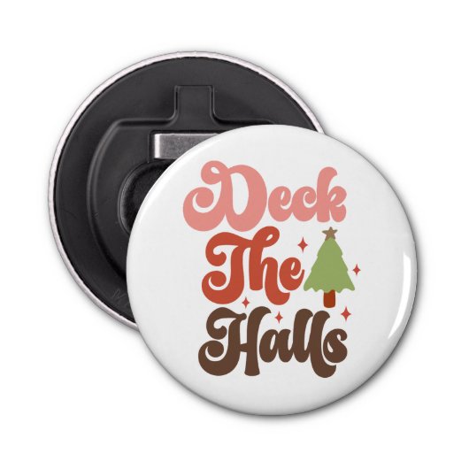Deck the Halls Retro Groovy Kerst Feestdagen Button Flesopener (Voorkant)