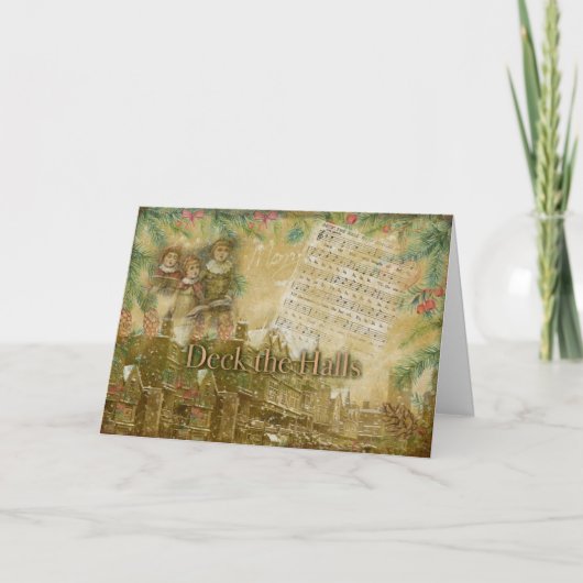 "Deck the Halls" Vintage Kerst Kaart (Voorkant)