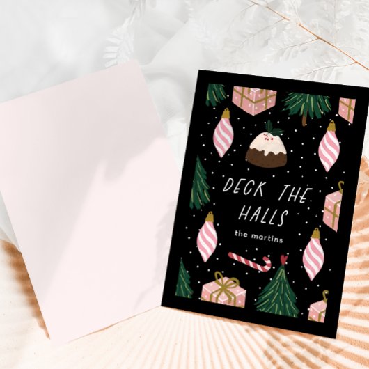 Deck the Halls Zwart Roze Vakantie Geschenken Kers Feestdagenkaart