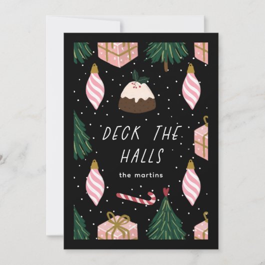 Deck the Halls Zwart Roze Vakantie Geschenken Kers Feestdagenkaart (Voorkant)