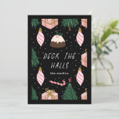 Deck the Halls Zwart Roze Vakantie Geschenken Kers Feestdagenkaart (Staand voorkant)