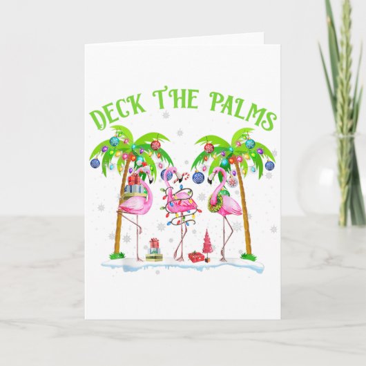 Deck The Palms Flamingo Tropische Kerstverlichting Kaart (Voorkant)