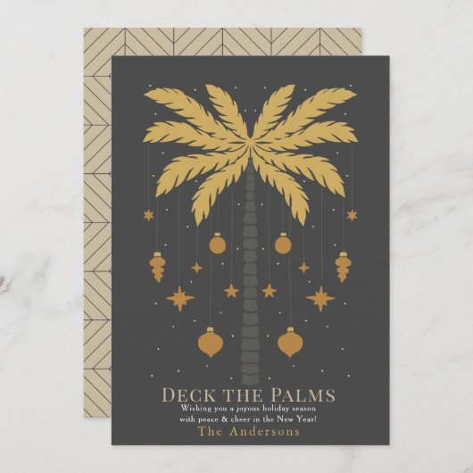 Deck the Palms Palm Tree Ornament Grey Christmas Feestdagenkaart (Voorkant / Achterkant)