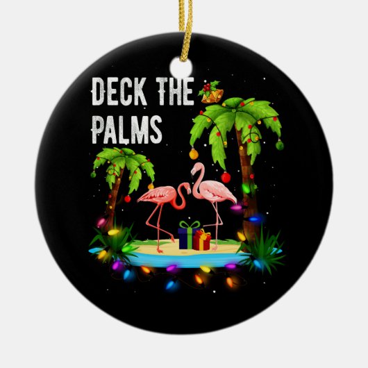 Deck The Palms Tree Beach Flamingo Kerstmis Keramisch Ornament (Voorkant)