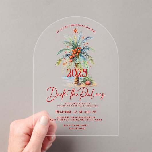 Deck The Palms Tropical Christmas Party Invitation Acryl Uitnodigingen (Insitu (Draagbaar))