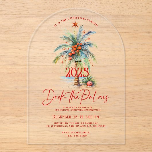 Deck The Palms Tropical Christmas Party Invitation Acryl Uitnodigingen (Voorkant)
