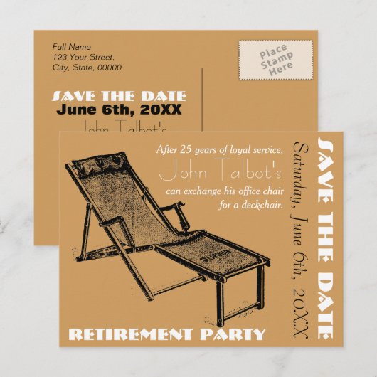 Deckchair Retirement Party Save the Date briefkaar Aankondigingskaart (Voorkant / Achterkant)