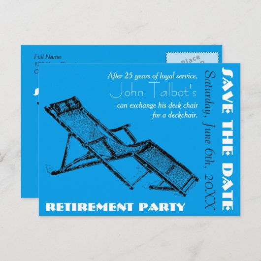 Deckchair Retirement Party Save the Date briefkaar Aankondigingskaart (Voorkant / Achterkant)
