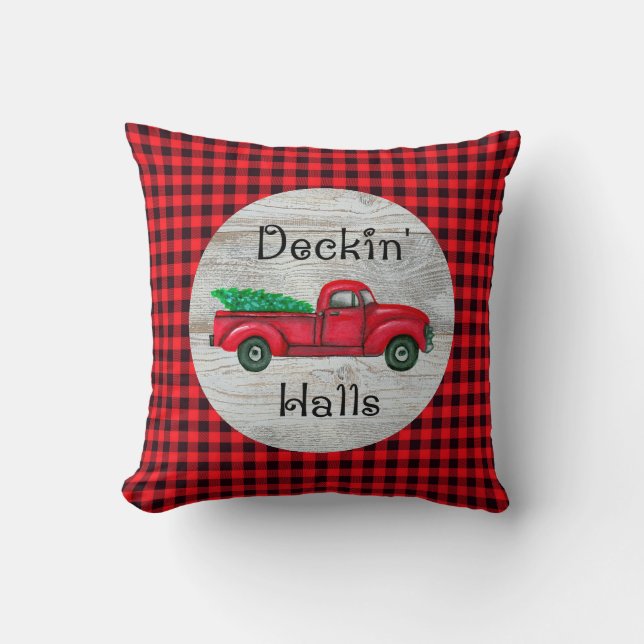 Deckin Halls Red Kerstmis Truck Pillow Kussen (Voorkant)