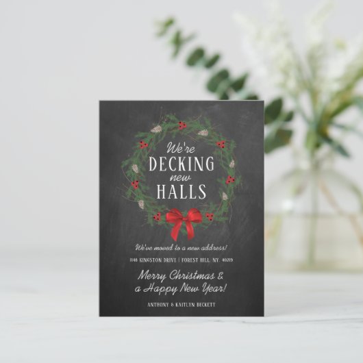 Decking New Halls | Chalkboard Holiday Moving Aankondigingskaart (Staand voorkant)