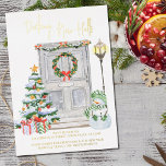 Decking New Halls Door Number Gold Foil Christmas Folie Feestdagenkaart<br><div class="desc">Luxury gold foil, all in one holiday moving announcement and christmas card personalized with your new address and christmas greeting. It is lettered in gold foil with Decking New Halls in casual handwriting. The watercolor design features a festive front door with wreath, your door number, christmas tree, presents, snowman and...</div>