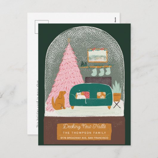 Decking New Halls Snow Wereldbol Bewegende aankond Feestdagenkaart (Voorkant / Achterkant)