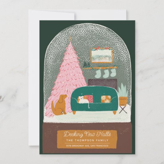 Decking New Halls Snow Wereldbol Bewegende aankond Feestdagenkaart (Voorkant)