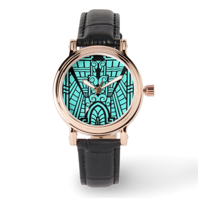 Deco Architecture Pattern, Turquoise en Black Horloge (Voorkant)