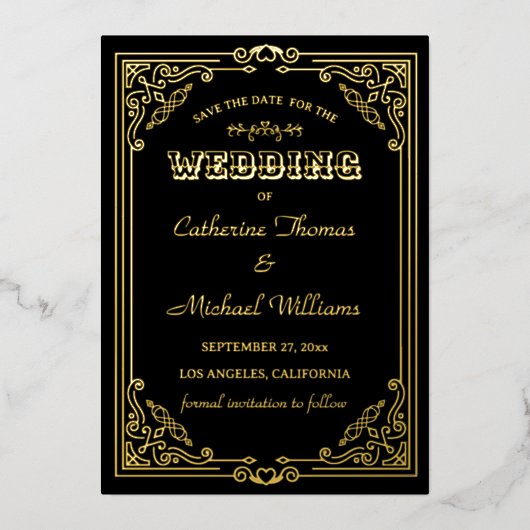 deco Art Black en Golden Save the Date Folie Uitnodiging (Voorkant)