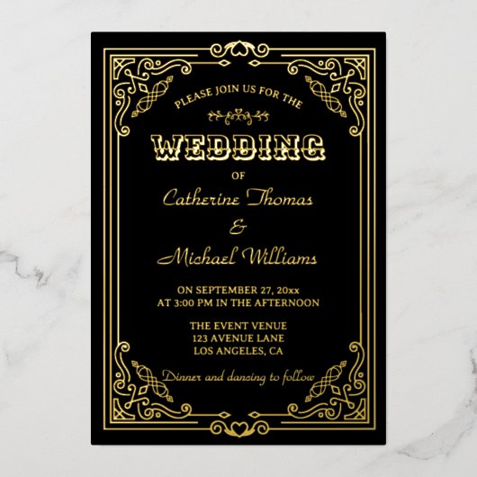  Deco Art Elegant Black & Golden Wedding Folie Uitnodiging (Voorkant)