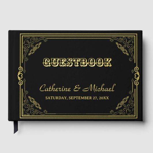 Deco Art Elegant Black White Gold Wedding Gastenboek (Voorkant)