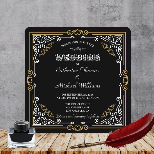  Deco Art Elegant Black White Gold Wedding Kaart