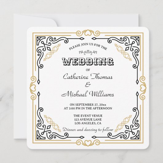  Deco Art Elegant Black White Gold Wedding Kaart (Voorkant)
