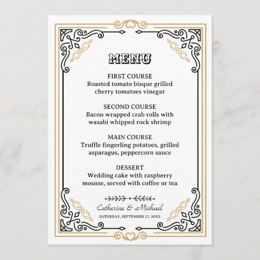  Deco Art Elegant Black White Gold Wedding Menu (Voorkant)