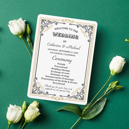 Deco Art Elegant Black White Gold Wedding Programmakaart