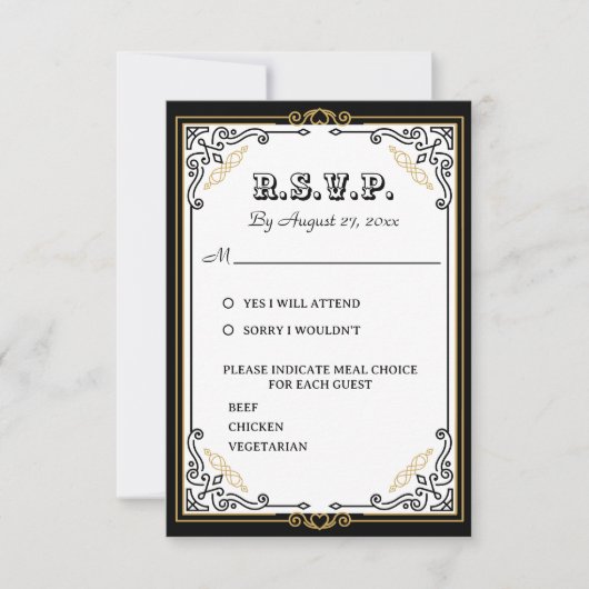  Deco Art Elegant Black White Gold Wedding RSVP Kaartje (Voorkant)