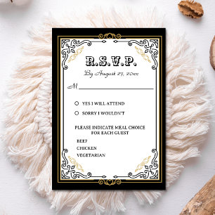 Deco Art Elegant Black White Gold Wedding RSVP Kaartje