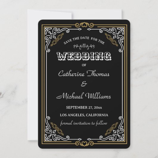 Deco Art Elegant Black White Gold Wedding Save The Date (Voorkant)