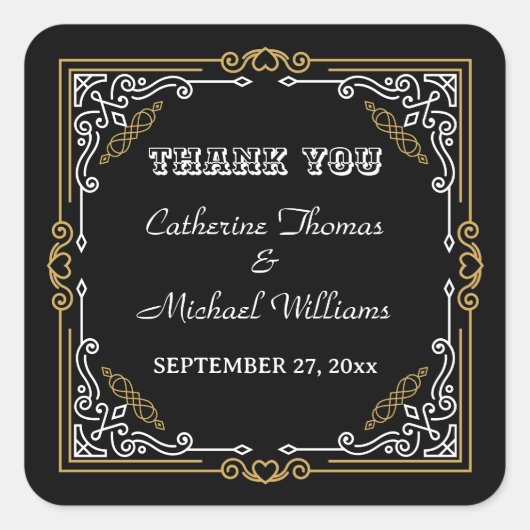 Deco Art Elegant Black White Gold Wedding Vierkante Sticker (Voorkant)