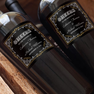  Deco Art Elegant Black White Gold Wedding Wijn Etiket